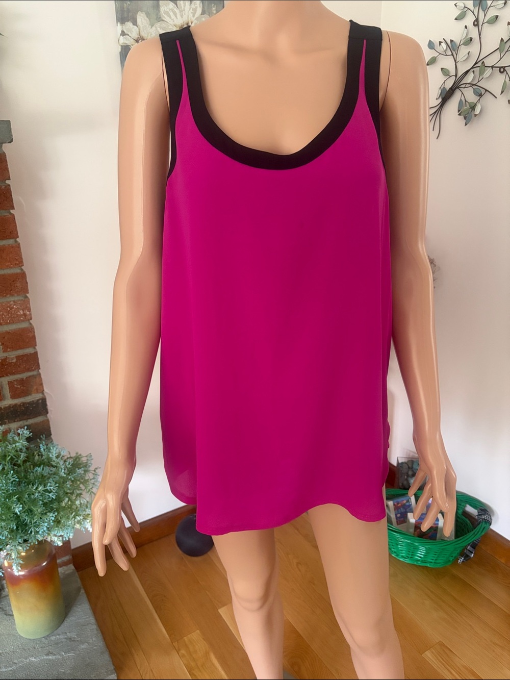 Fuchsia Tank with Black Trim Sleeveless Blouse sheer front .